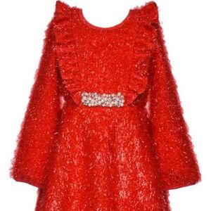 NWT Hannah Banana Kids' Tinsel Long Sleeve Party Dress in Red, size 6X